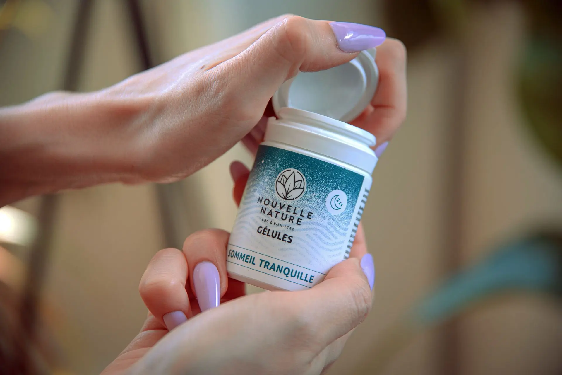 Boîte de gélules CBD Sommeil Tranquille Nouvelle Nature, marque blanche.