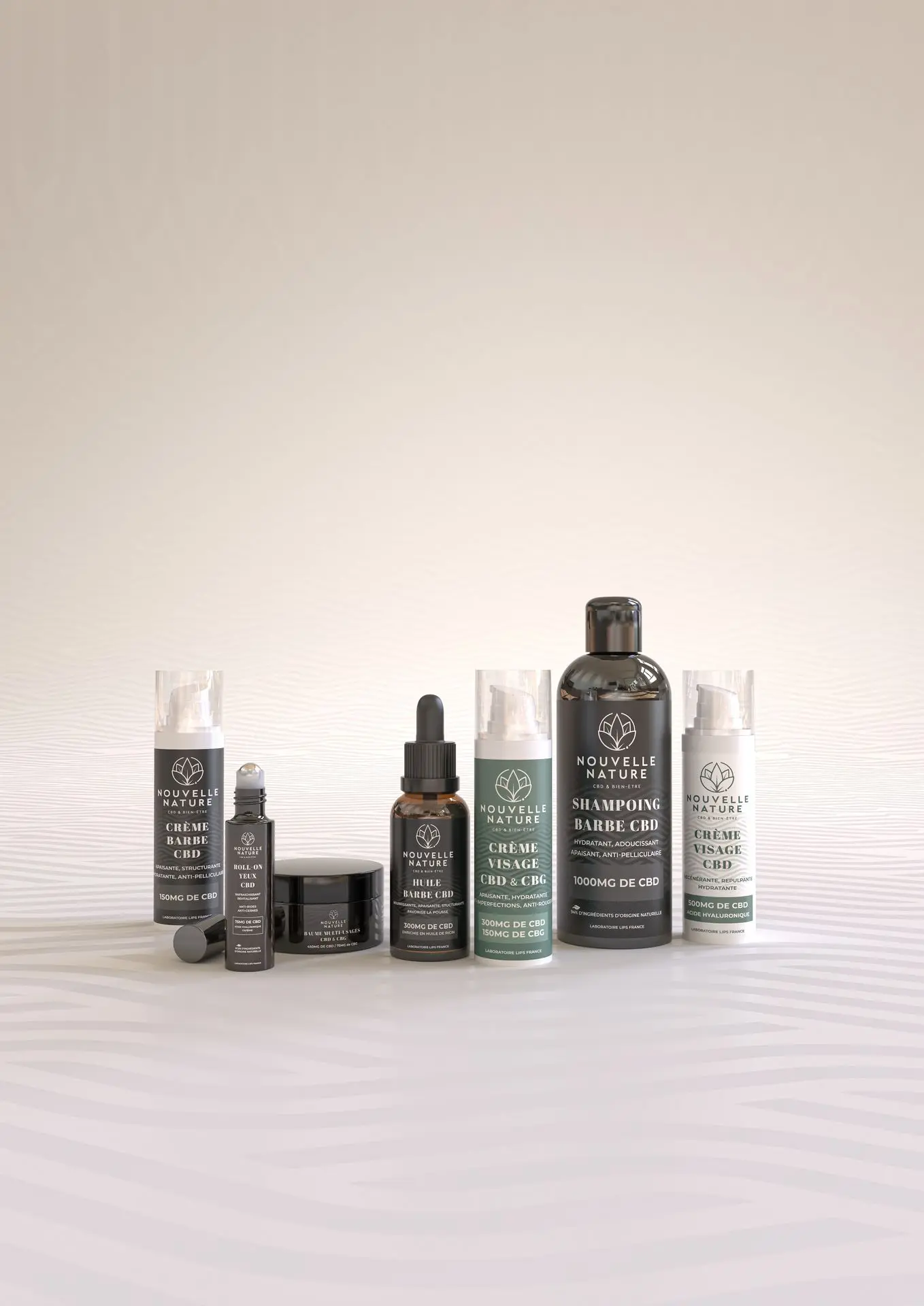 Pack cosmétiques CBD Nouvelle Nature, soins visage et barbe, marque blanche.