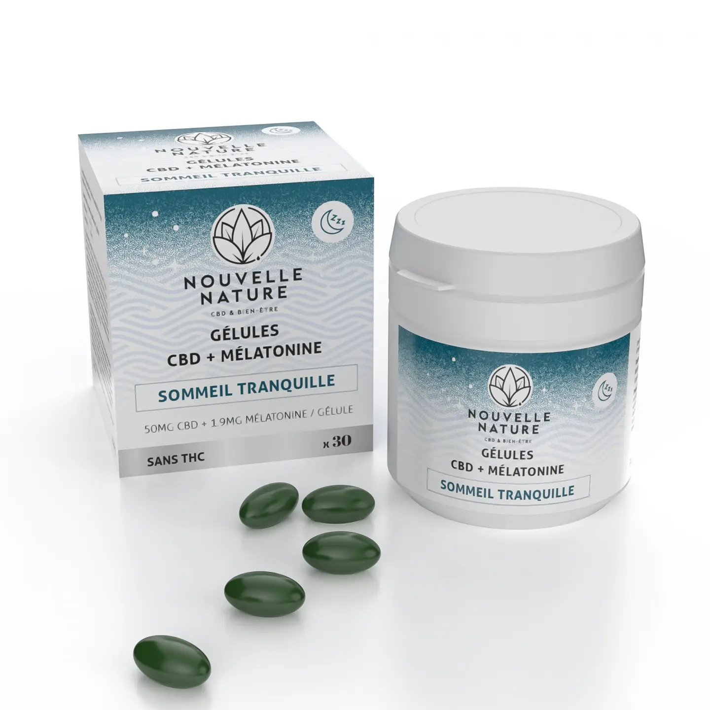 Sélection boîtes gélules CBD Nouvelle Nature Sommeil, Stress, Énergie, marque blanche.