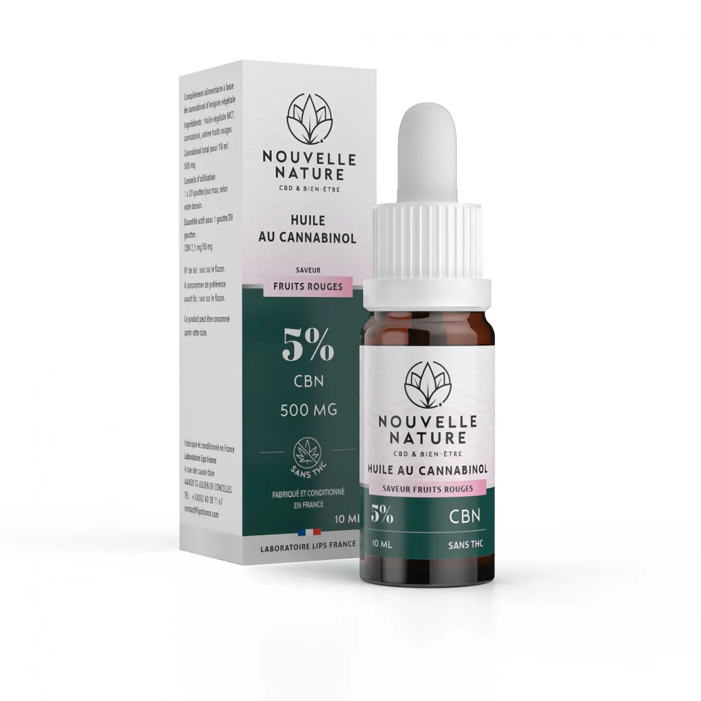 Flacon pipette d'huile au CBN Nouvelle Nature, marque blanche.