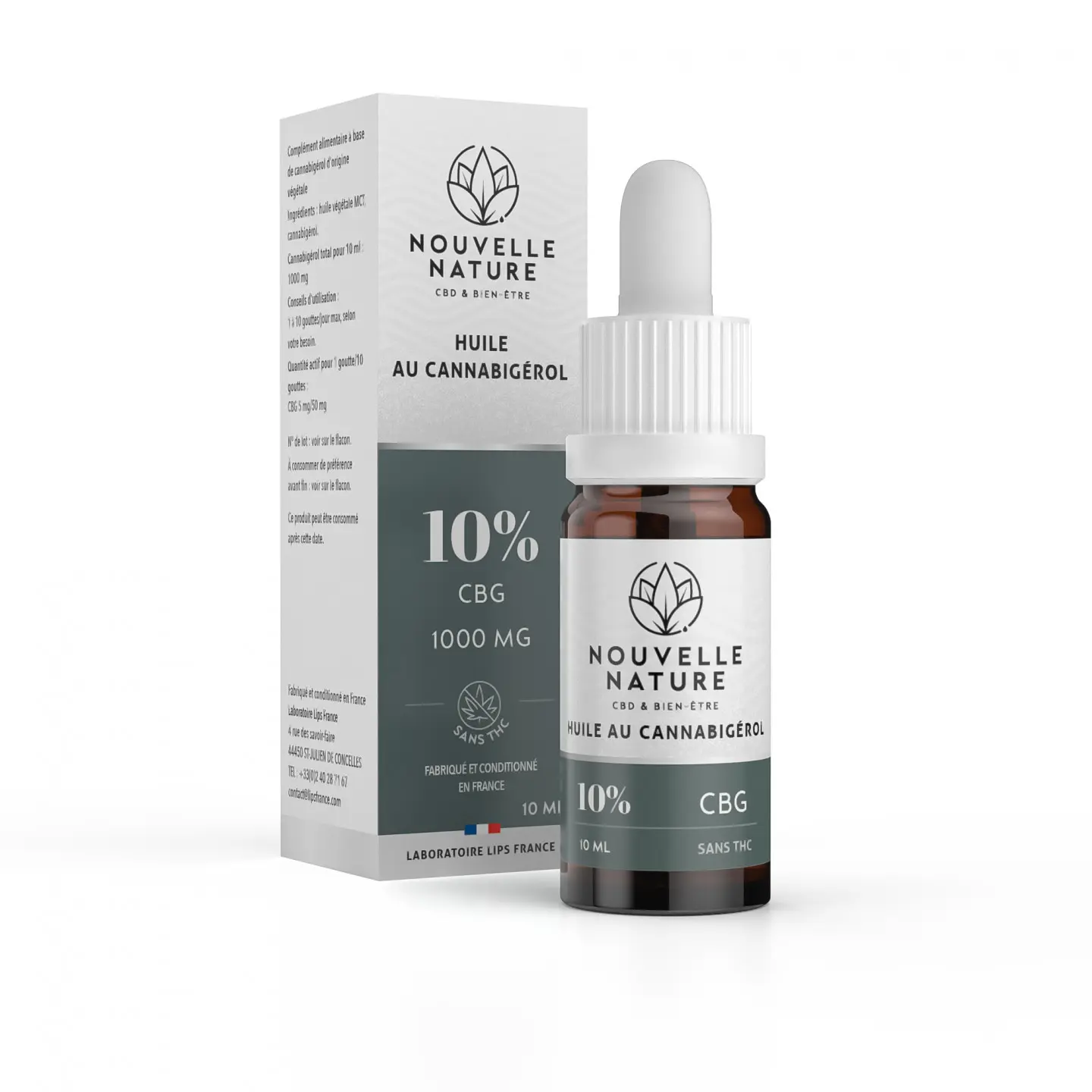 Flacon pipette d'huile au CBG Nouvelle Nature, marque blanche.