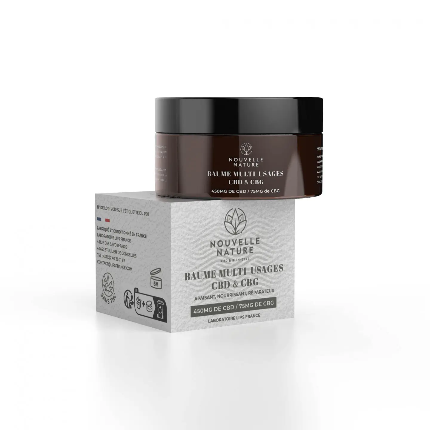 Pot de baume multi-usage au CBD/CBG Nouvelle Nature, marque blanche.