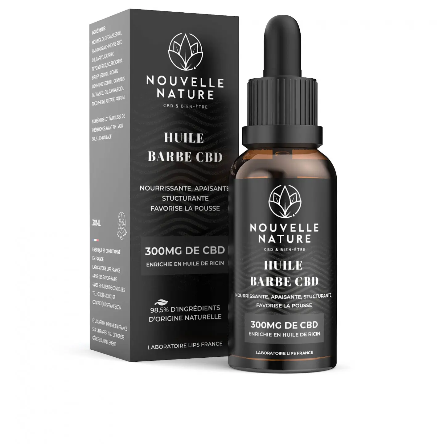 Flacon d'huile à barbe au CBD Nouvelle Nature, marque blanche.