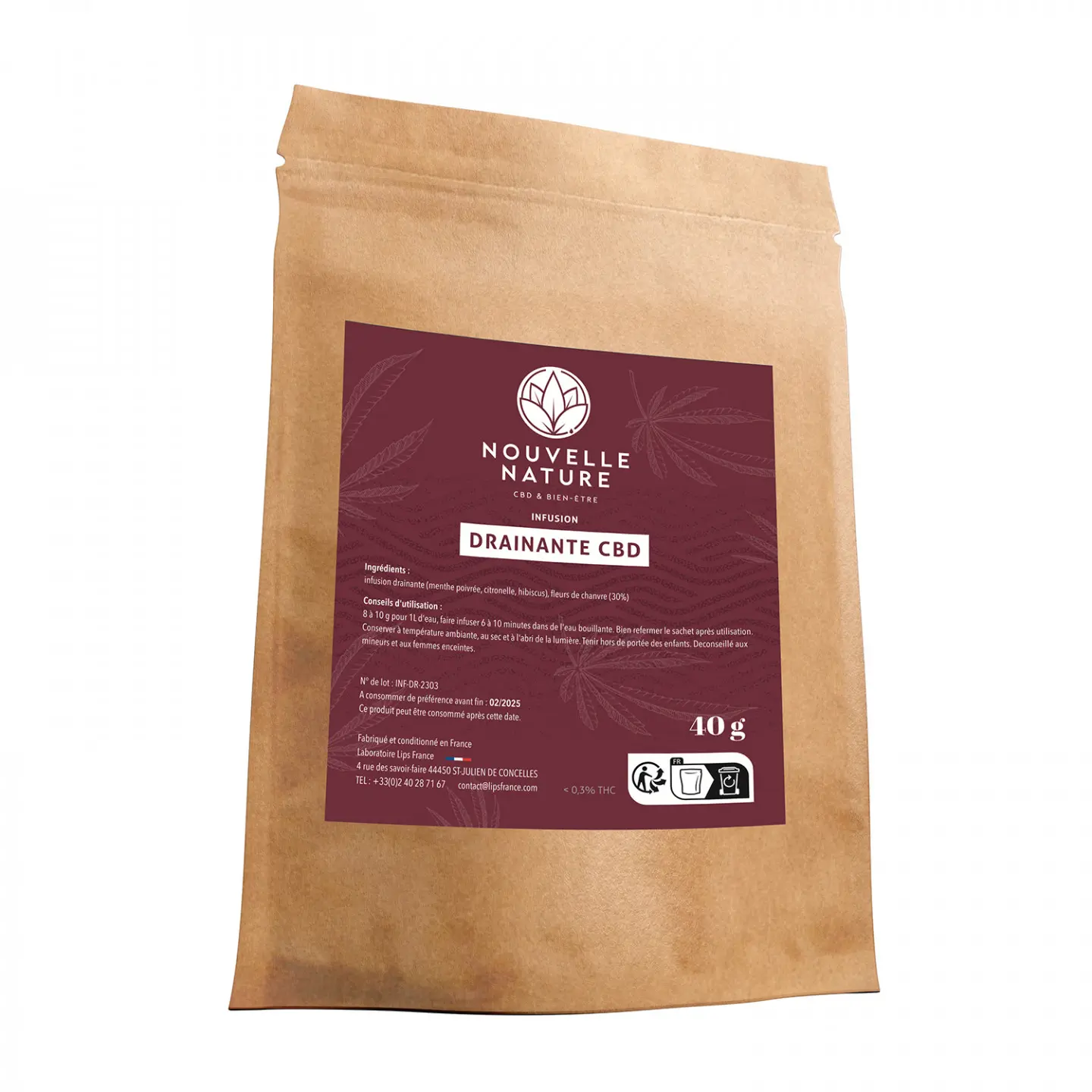 Sachet d'infusion Drainante au CBD Nouvelle Nature, marque blanche.